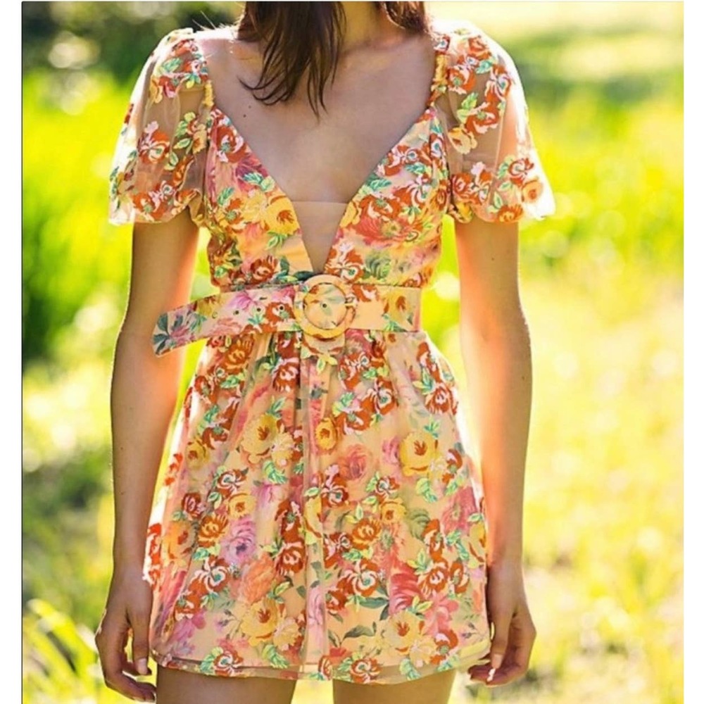For Love & Lemons Floral Mini Dress Large Golden Yellow Plunge Short Sleeve Nwt